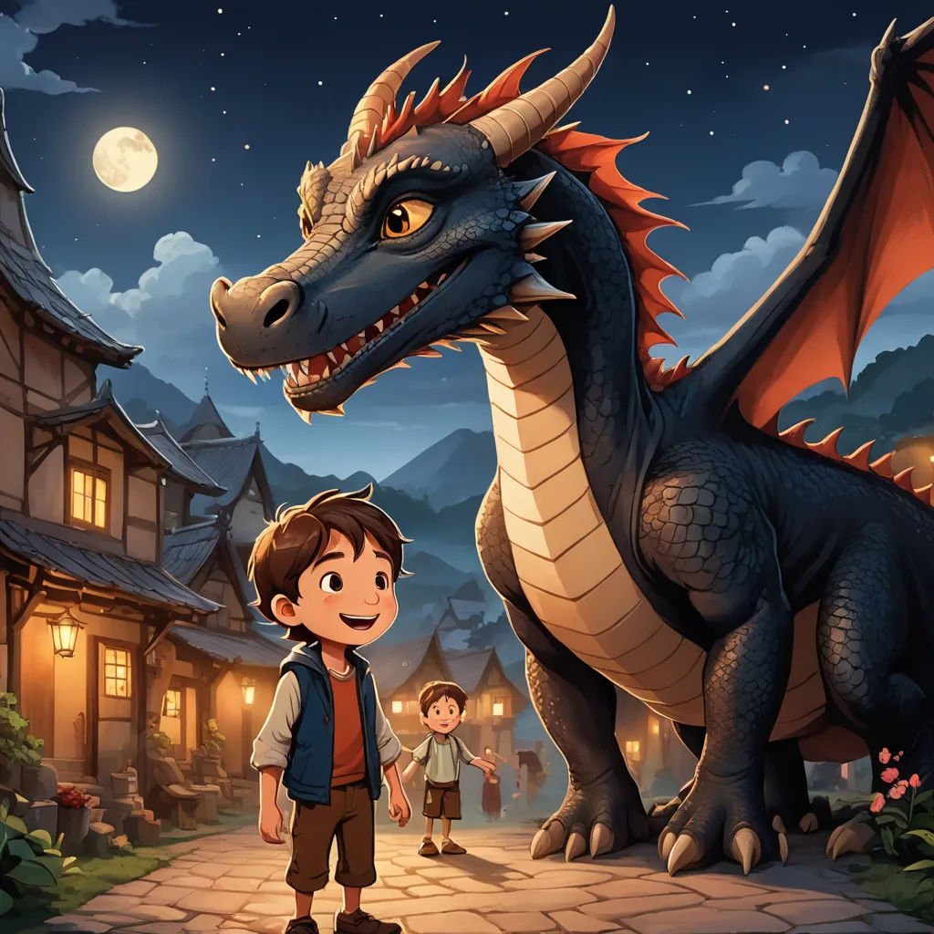 a boy and a dragon in a town at night with a full moon in the sky above them and a little boy standing in front of a dragon, fantasy art, a storybook illustration, Diego Gisbert Llorens, storybook illustration