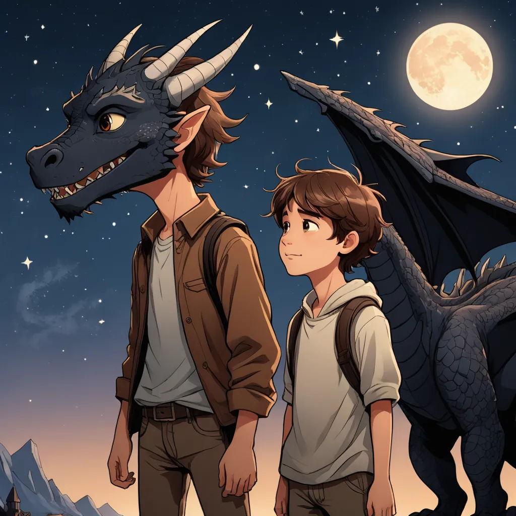 a boy and a boy standing next to a dragon in the night sky with a full moon behind them, furry art, a storybook illustration, Diego Gisbert Llorens, official art