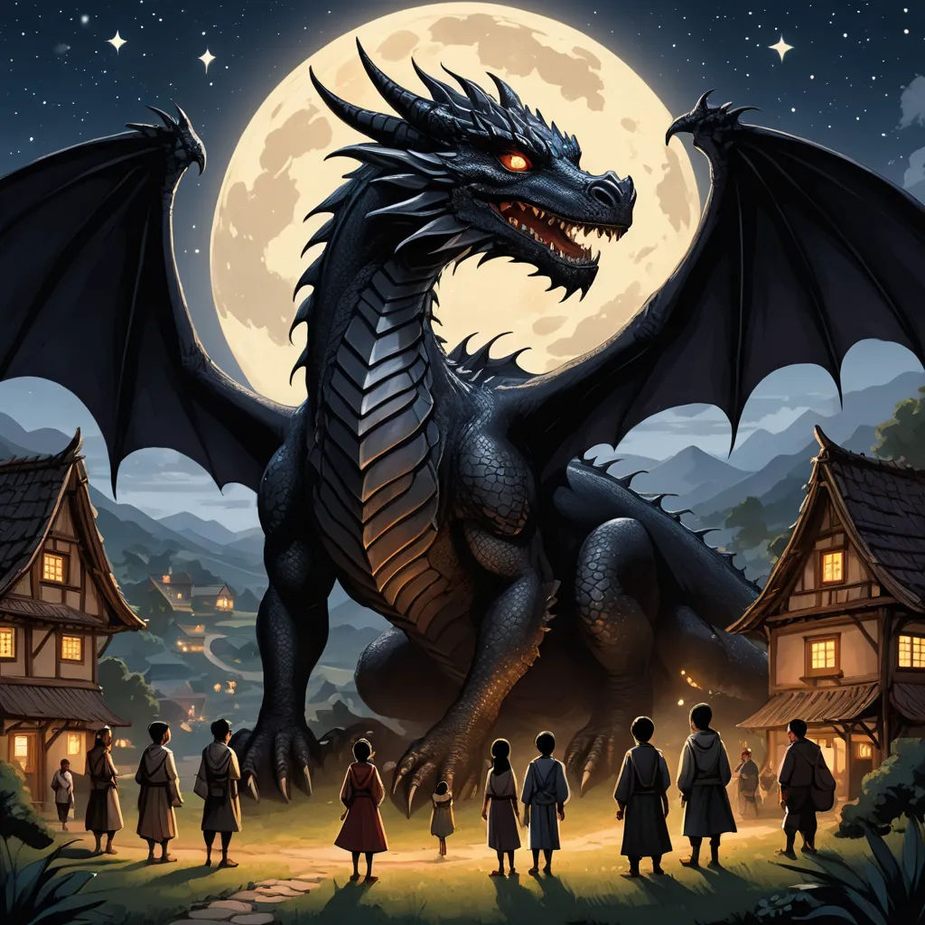 a dragon with a lot of people standing around it in front of a full moon sky and a house, fantasy art, a storybook illustration, Dirk Crabeth, dragon art