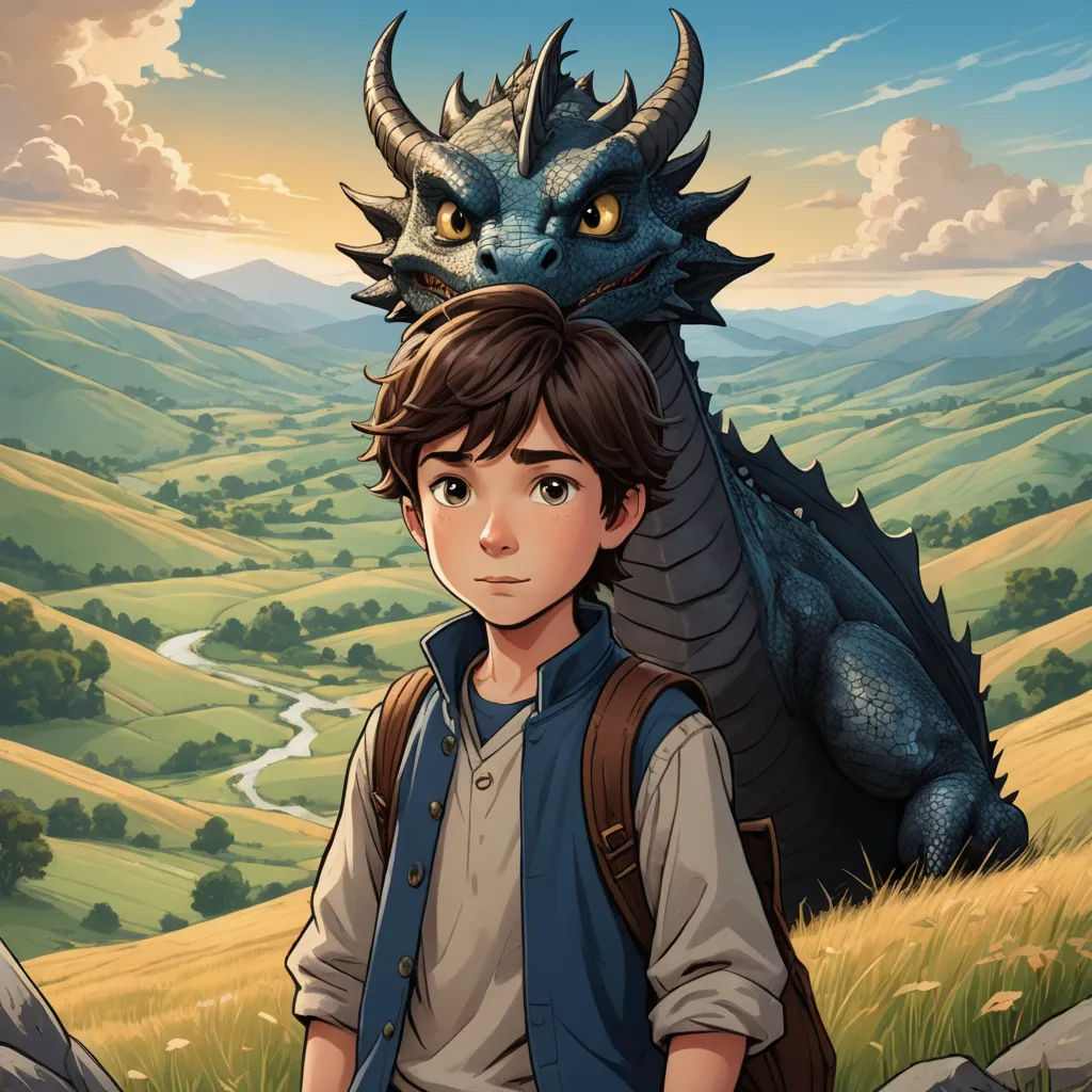 a boy with a backpack standing next to a dragon on a hill with a valley in the background and a river running through it, fantasy art, a storybook illustration, Cliff Childs, key art
