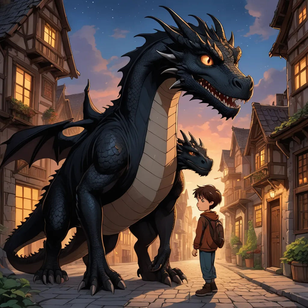 a boy standing next to a dragon on a street at night with a woman looking at it in front of him, fantasy art, a storybook illustration, Diego Gisbert Llorens, official art