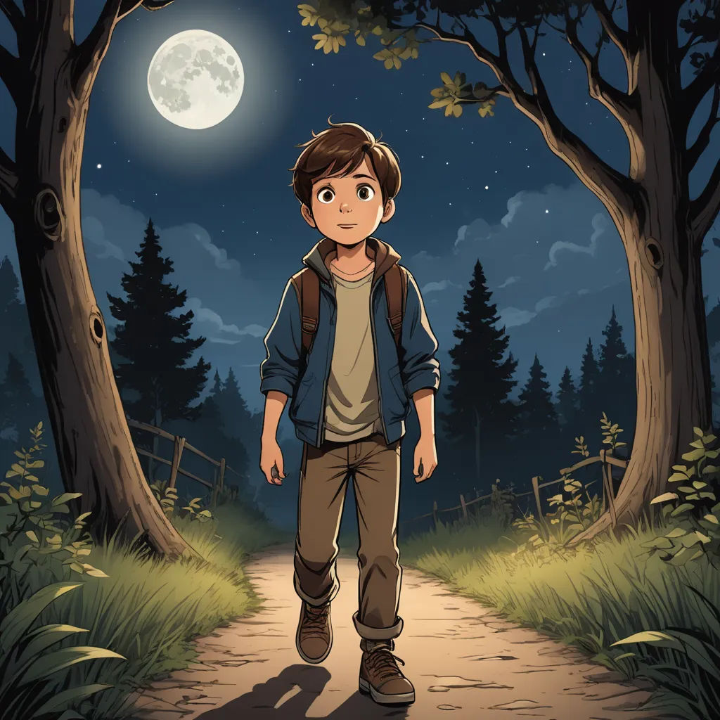 a boy walking down a path in the woods at night with a full moon in the background and trees, sots art, a character portrait, Diego Gisbert Llorens, comic cover art