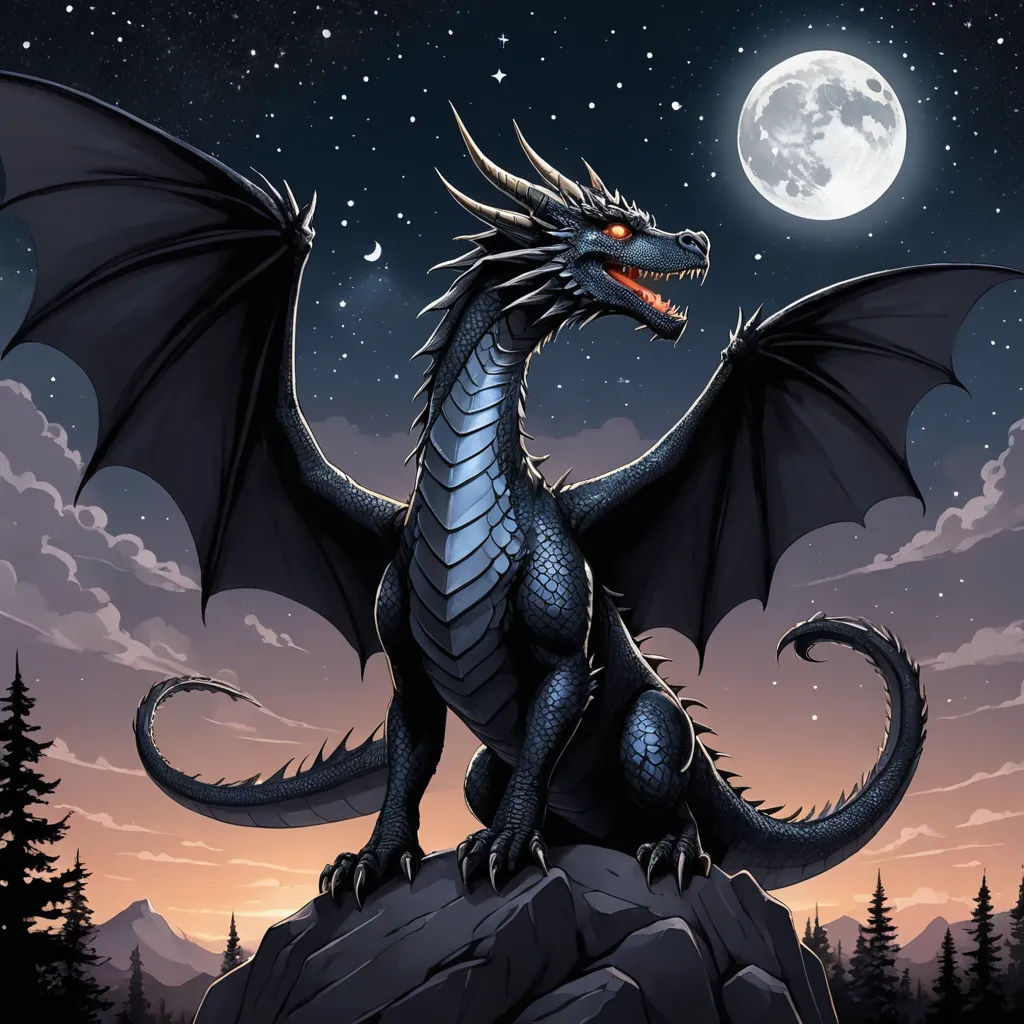 a dragon sitting on a rock with a full moon in the background and trees in the foreground, with a full moon in the background, fantasy art, a storybook illustration, Anne Stokes, dragon art