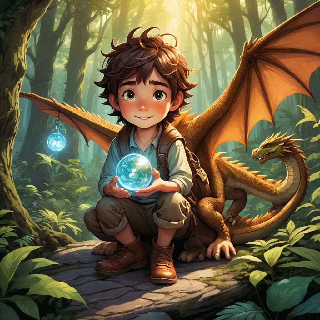 a boy holding a crystal ball in a forest with a dragon nearby and a glowing orb in his hand, fantasy art, a storybook illustration, Diego Gisbert Llorens, rossdraws global illumination