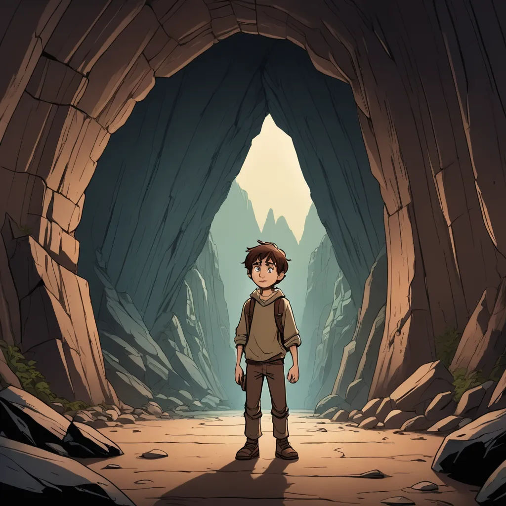 a boy standing in a cave with a backpack on his back and a mountain in the background with a cave entrance, dau-al-set, concept art, Diego Gisbert Llorens, promotional image