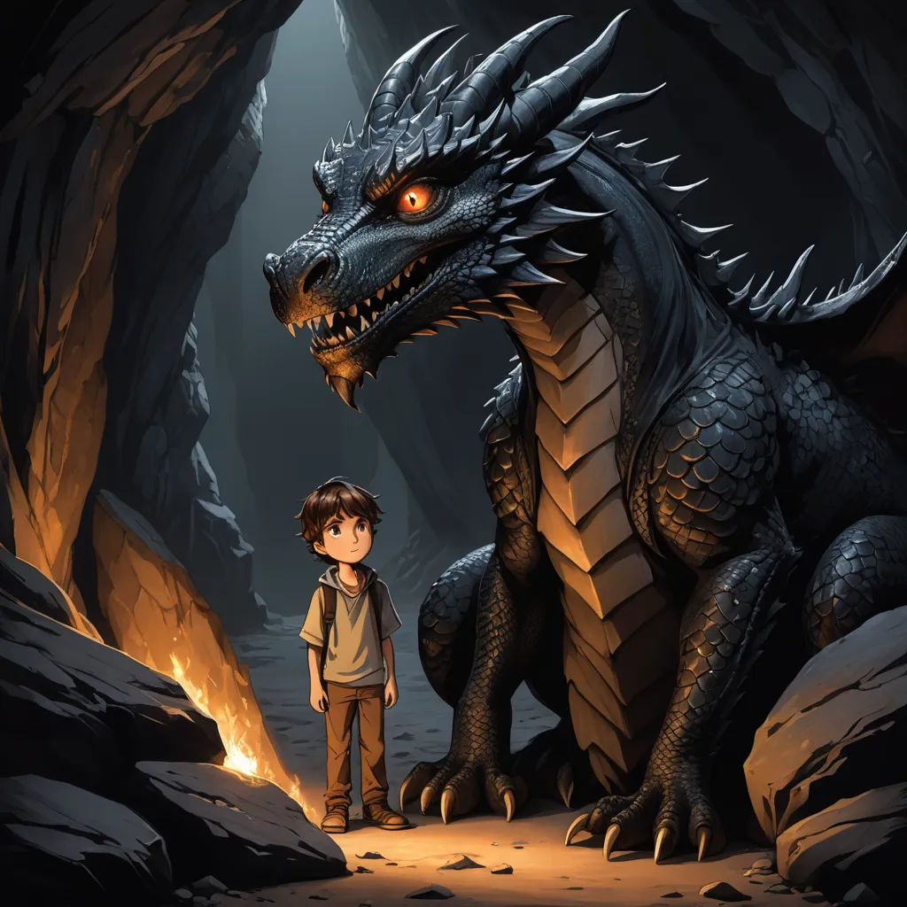 a boy standing next to a dragon in a cave with a fire in its mouth and a glowing eye, fantasy art, a storybook illustration, Diego Gisbert Llorens, dragon art