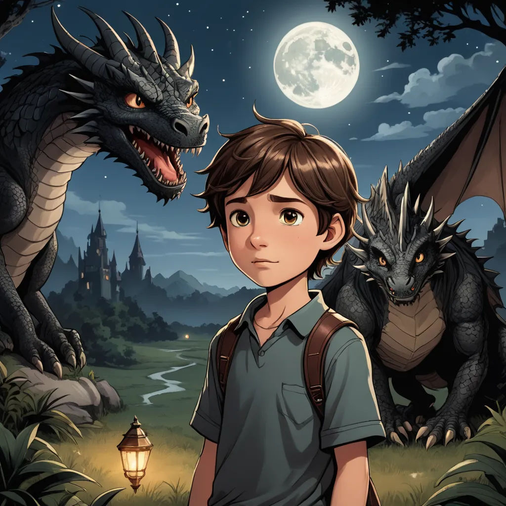 a boy standing in front of a dragon and a lantern in a field with a full moon in the background, fantasy art, a storybook illustration, Diego Gisbert Llorens, dragon art