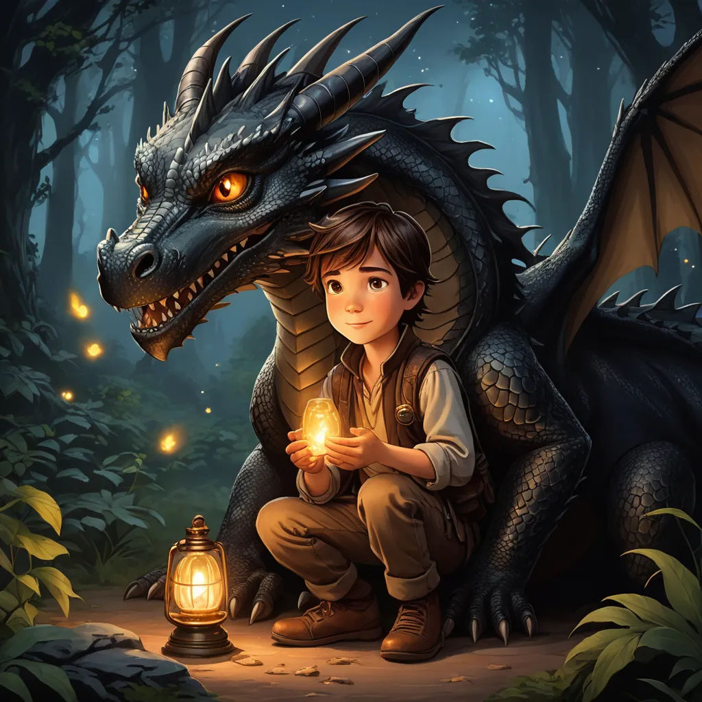 a boy sitting on a dragon holding a lantern in a forest with a dragon in the background and a lantern in the foreground, fantasy art, a storybook illustration, Diego Gisbert Llorens, storybook illustration