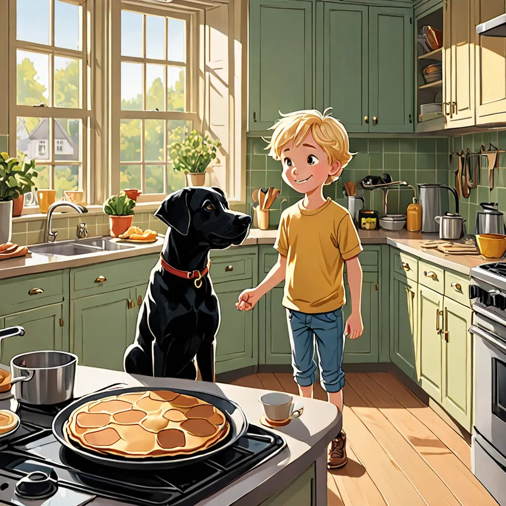 a boy and a dog in a kitchen with a pancake on the stove top and a dog looking at the pancake on the counter, american scene painting, a storybook illustration, Cliff Childs, storybook illustration