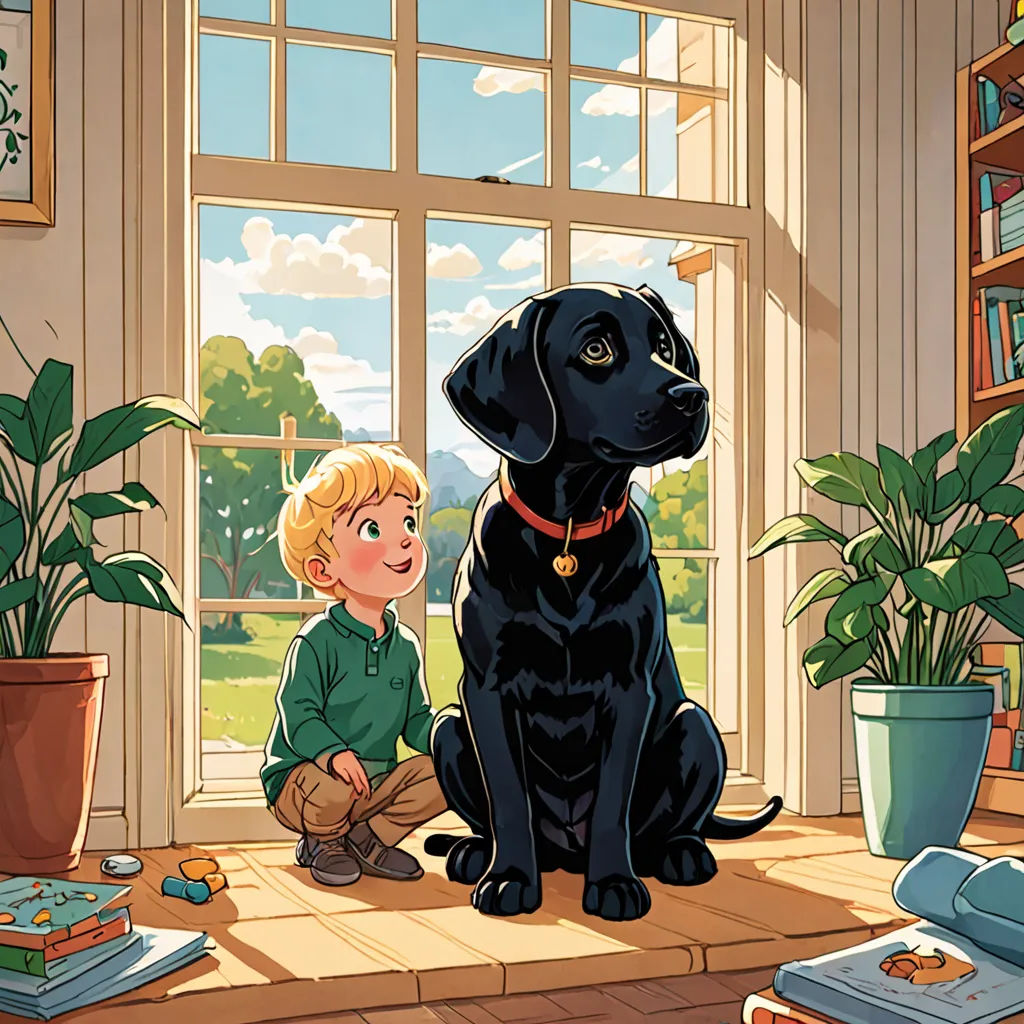 a boy and a dog are sitting in a room with a window and a potted plant on the floor, american scene painting, a storybook illustration, Aaron Jasinski, storybook illustration