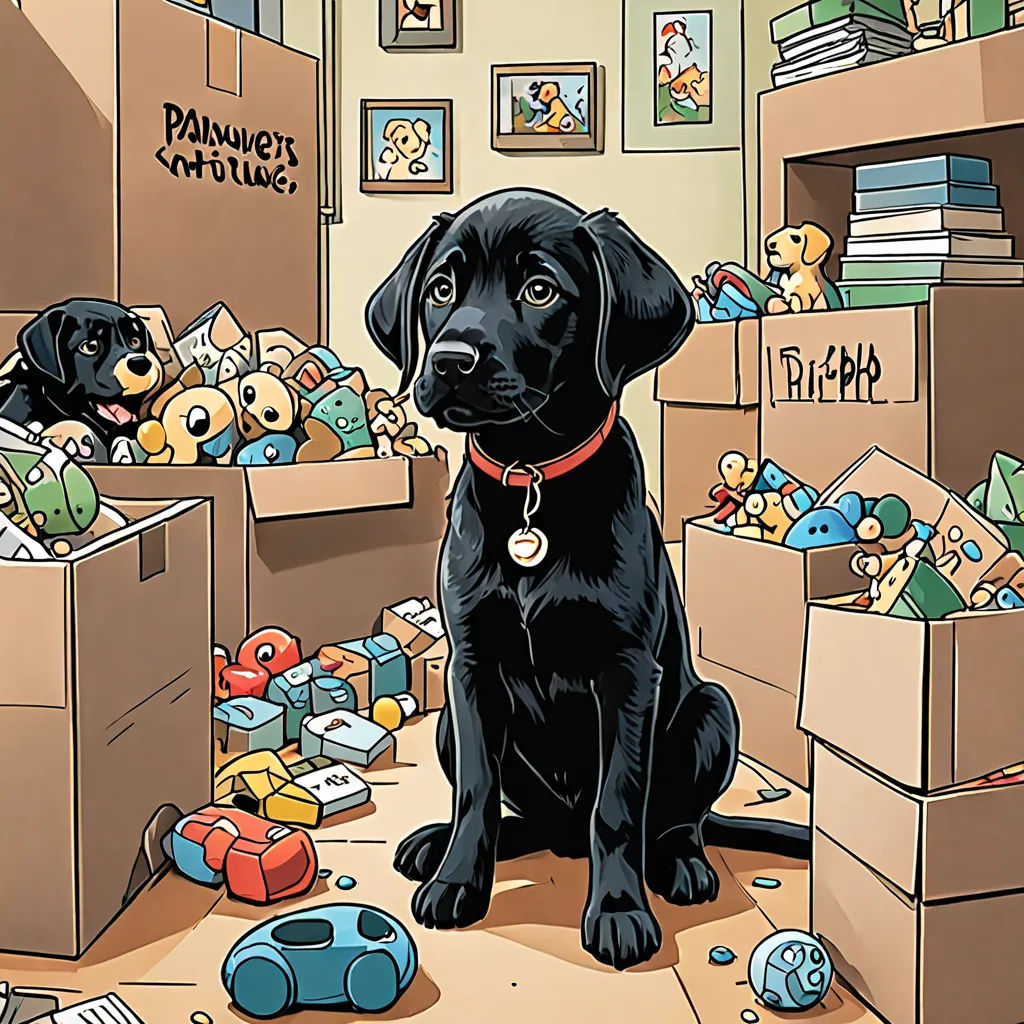 a black dog sitting in a room filled with boxes and toys and a stuffed animal on the floor next to it, auto-destructive art, a comic book panel, Charles Schulz, comic cover art