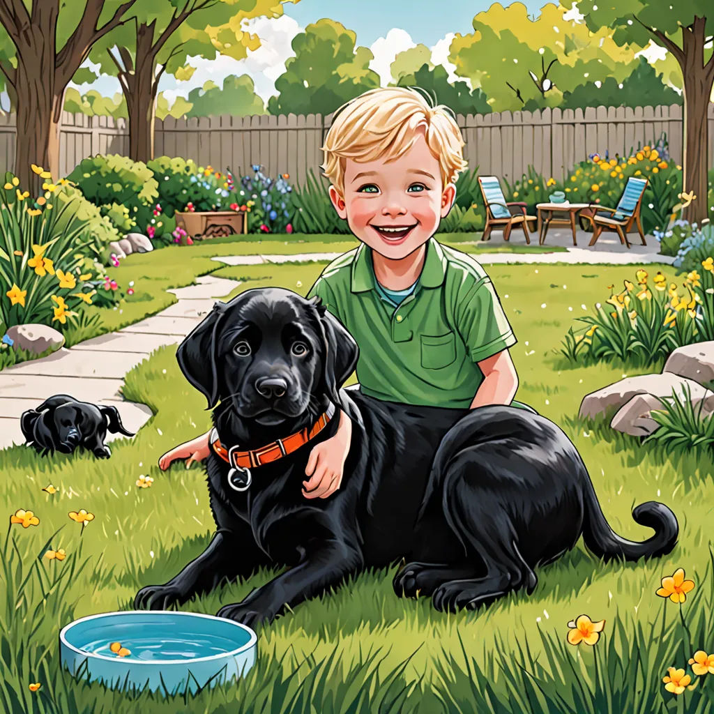 In the backyard, Alex introduced Finn to his new bed and the big yard where he could run and play. Finn wagged his tail, his eyes sparkling with excitement. He had never seen so much space before. And ... he soon found out he has a "fur" bother, Max, a big black Lab!