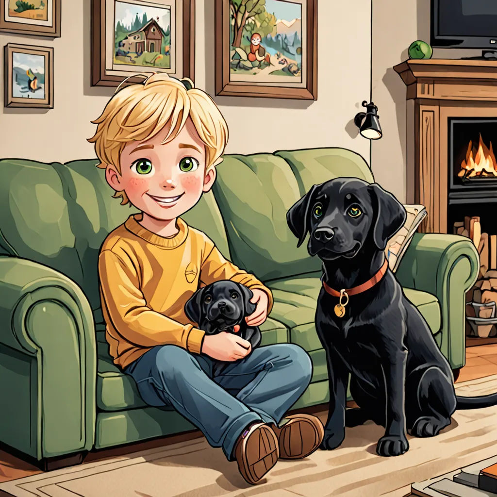 In the evening, Alex and Finn and the big black Lab, Max curled up together on a large comfy couch. Alex patted Finn's soft fur, whispering stories about the adventures they would have together!