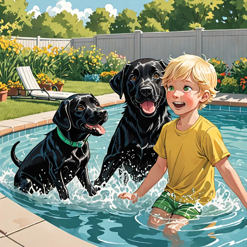 a boy and two dogs playing in a pool of water with a pool in the background and a fenced in area, american scene painting, a storybook illustration, F Scott Hess, storybook illustration