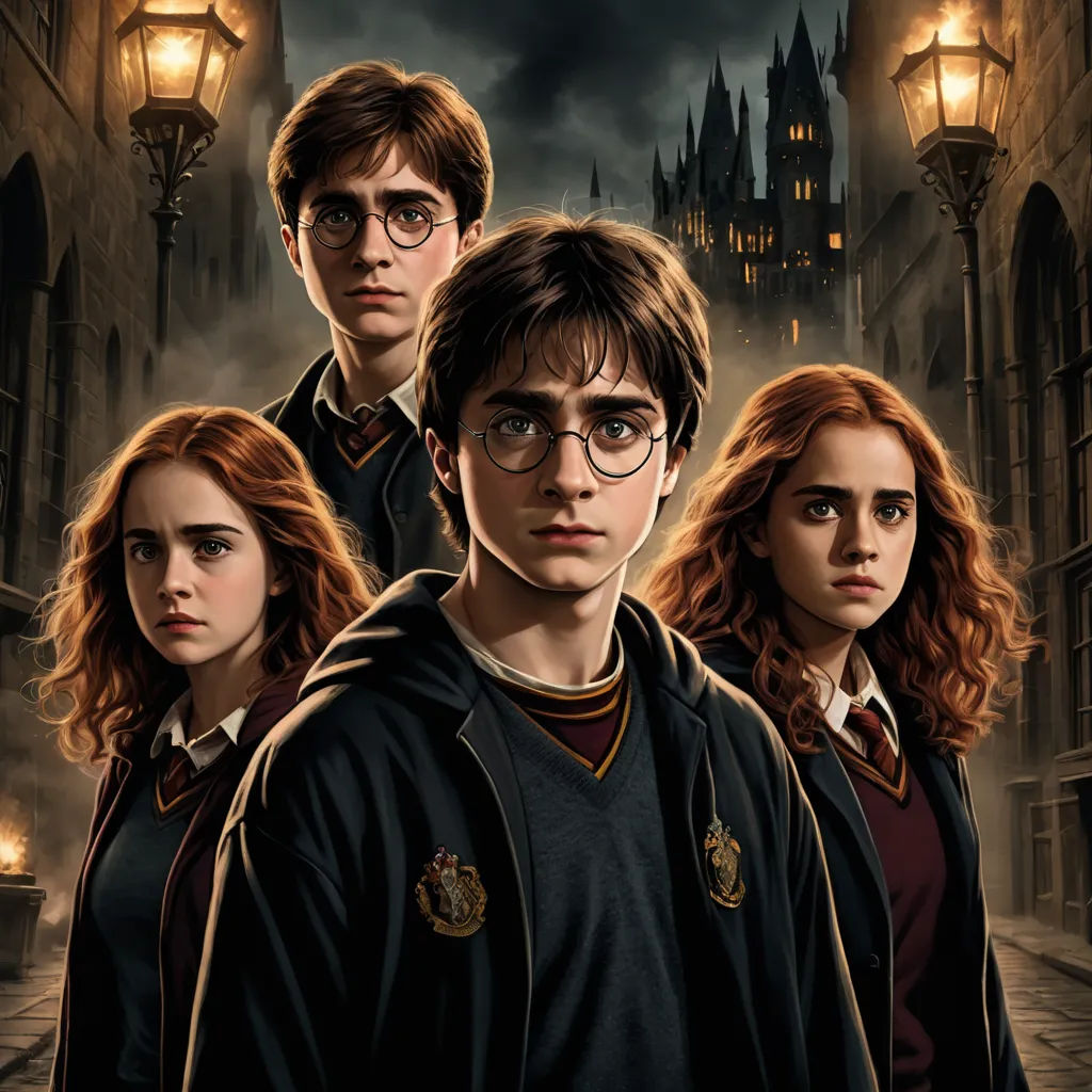 a group of harry potters standing in front of a castle at night with a lantern on the roof, sots art, poster art, Avgust Černigoj, key art