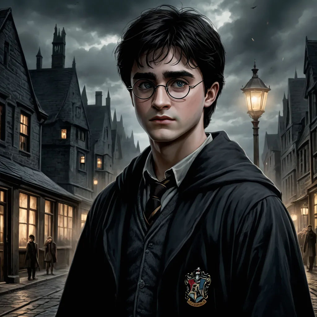 a painting of a harry potter in front of a building with a lamp post in the background and a dark sky, fantasy art, a detailed matte painting, Edward Otho Cresap Ord, II, official art