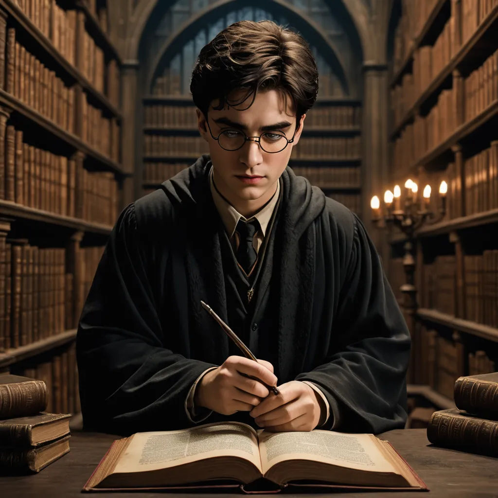 a man in a library with a book and pen in his hands and a book in front of him, academic art, a character portrait, Andrew Robertson, promotional image