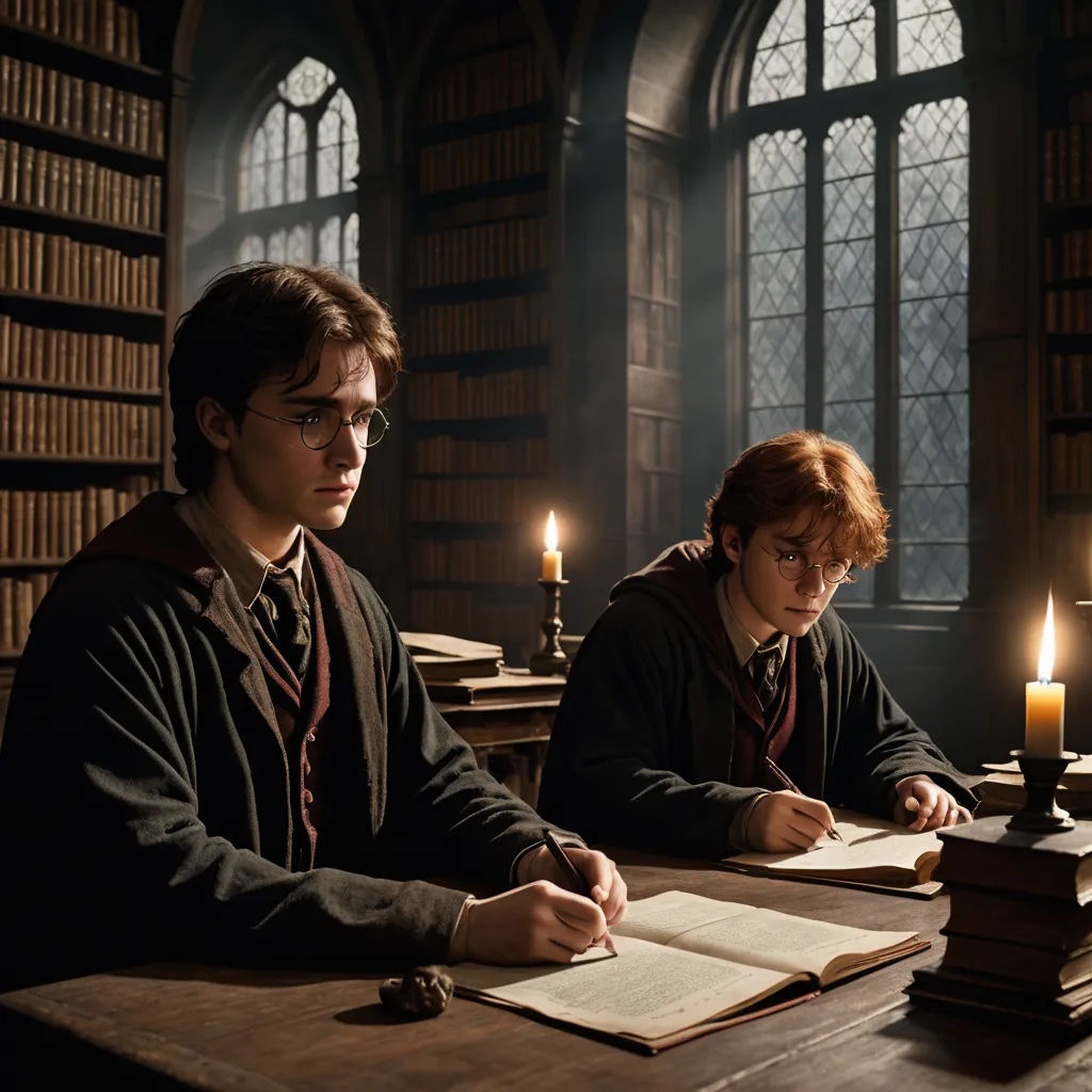 two young men sitting at a table with books and candles in front of them, one reading a book, academic art, a detailed matte painting, Évariste Vital Luminais, vfx