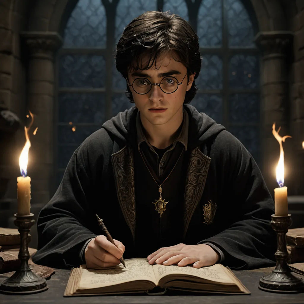 a young man sitting at a table with a book and pen in his hand and a candle in front of him, dau-al-set, a character portrait, Daryush Shokof, promotional image