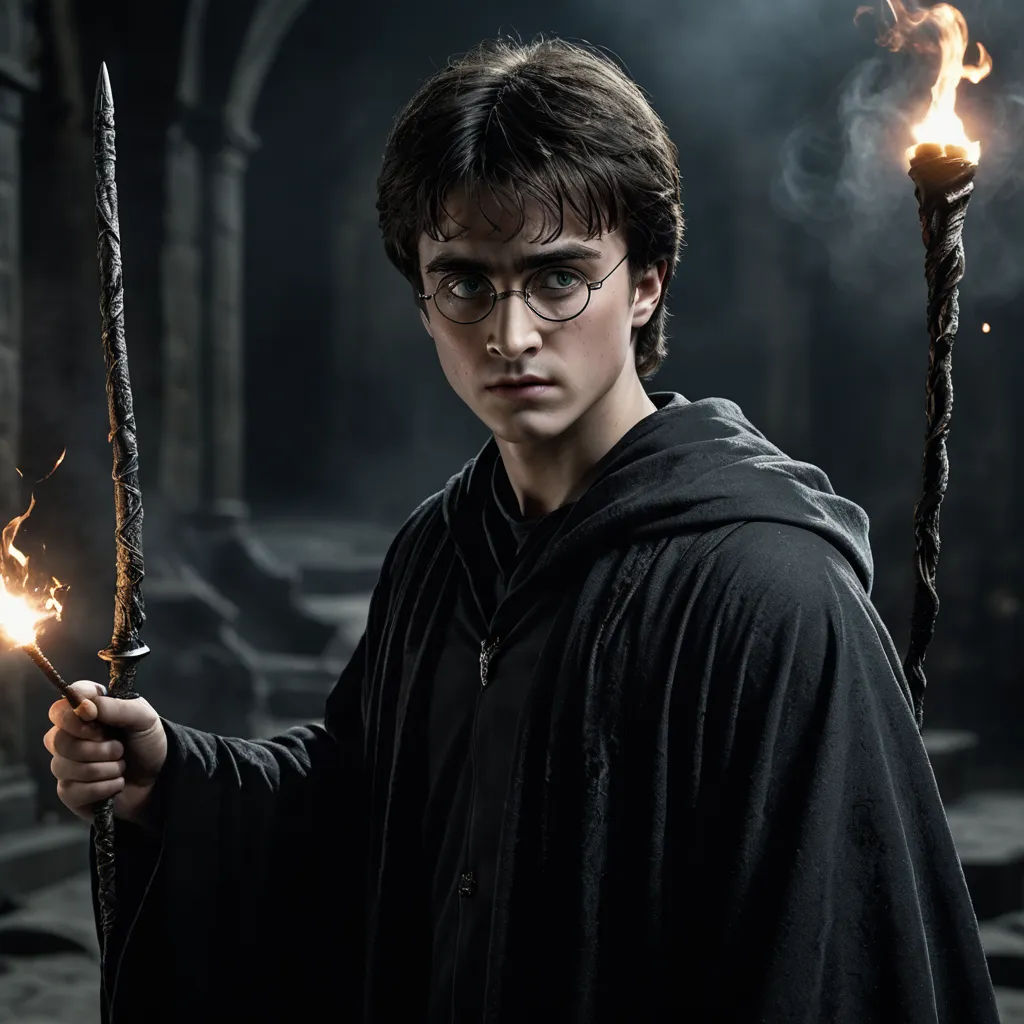 a young harry potter holding two torches in a dark room with smoke coming out of it and a black robe on, dau-al-set, a character portrait, Daryush Shokof, promotional image