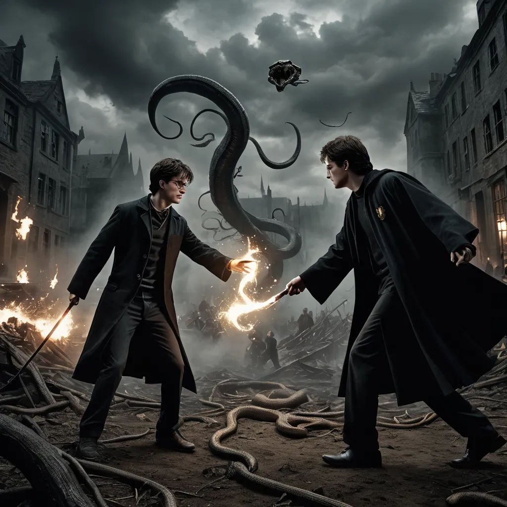 two people holding hands in front of a giant snake and a building with a clock tower in the background, gothic art, a detailed matte painting, Dirk Crabeth, promotional image