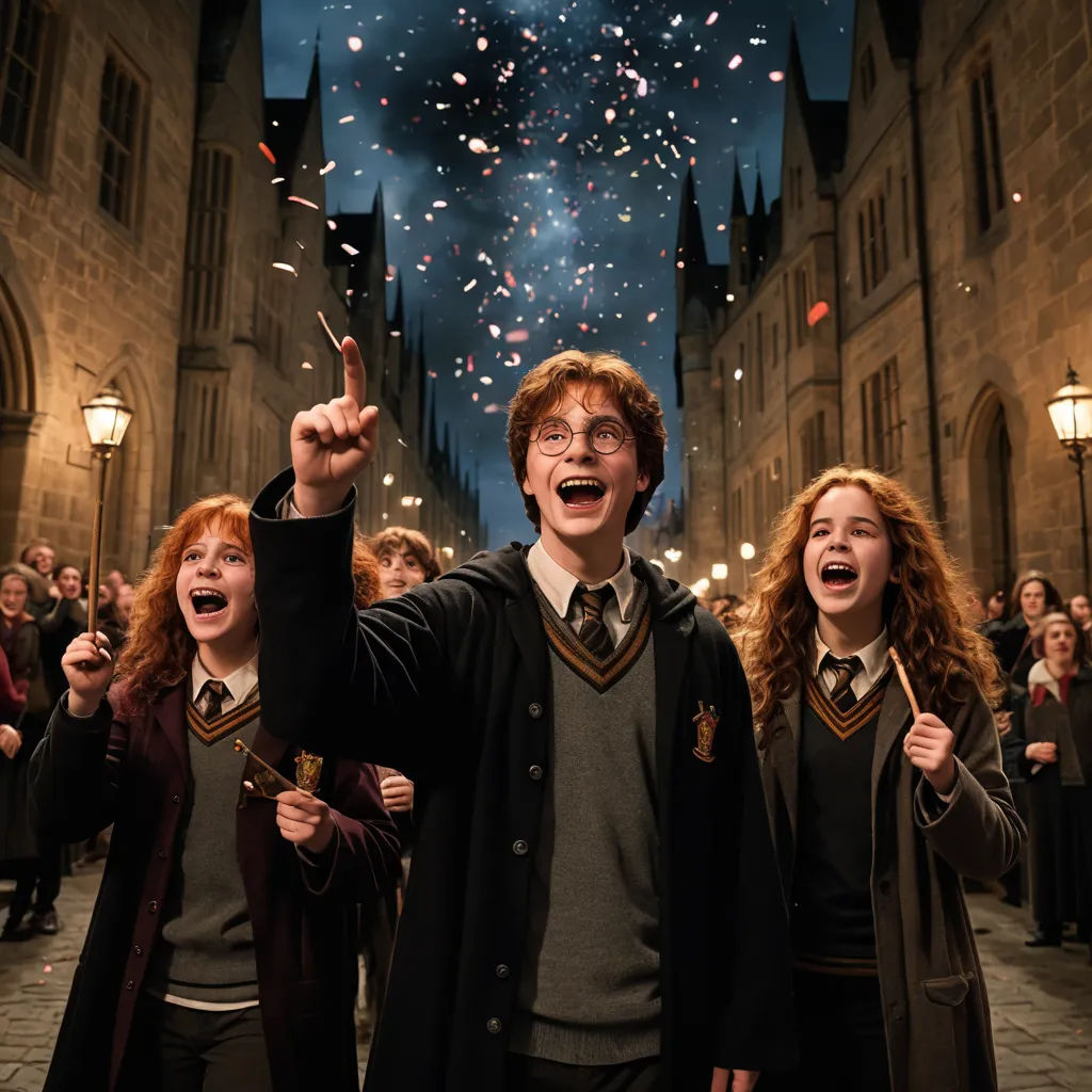 a group of people standing in front of a building with fireworks in the air and confetti in the air, magical realism, a poster, Avgust Černigoj, vfx