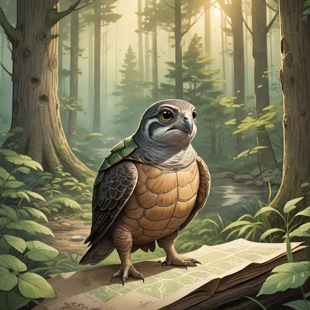 a bird sitting on a log in a forest with a map in front of it and the sun shining through the trees, fantasy art, a storybook illustration, Chris LaBrooy, magic the gathering artwork