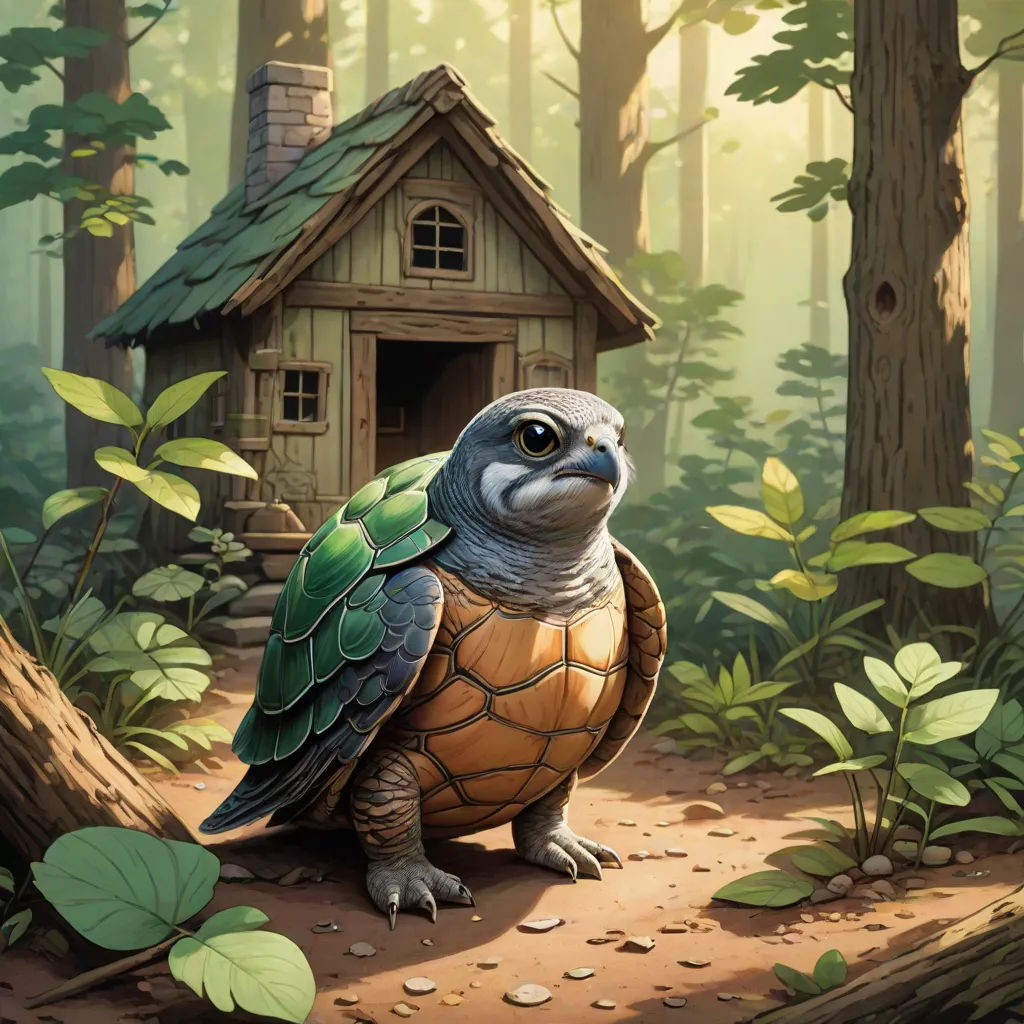 a turtle sitting on a log in a forest with a house in the background and leaves around it,, fantasy art, a storybook illustration, Chris LaBrooy, magic the gathering artwork