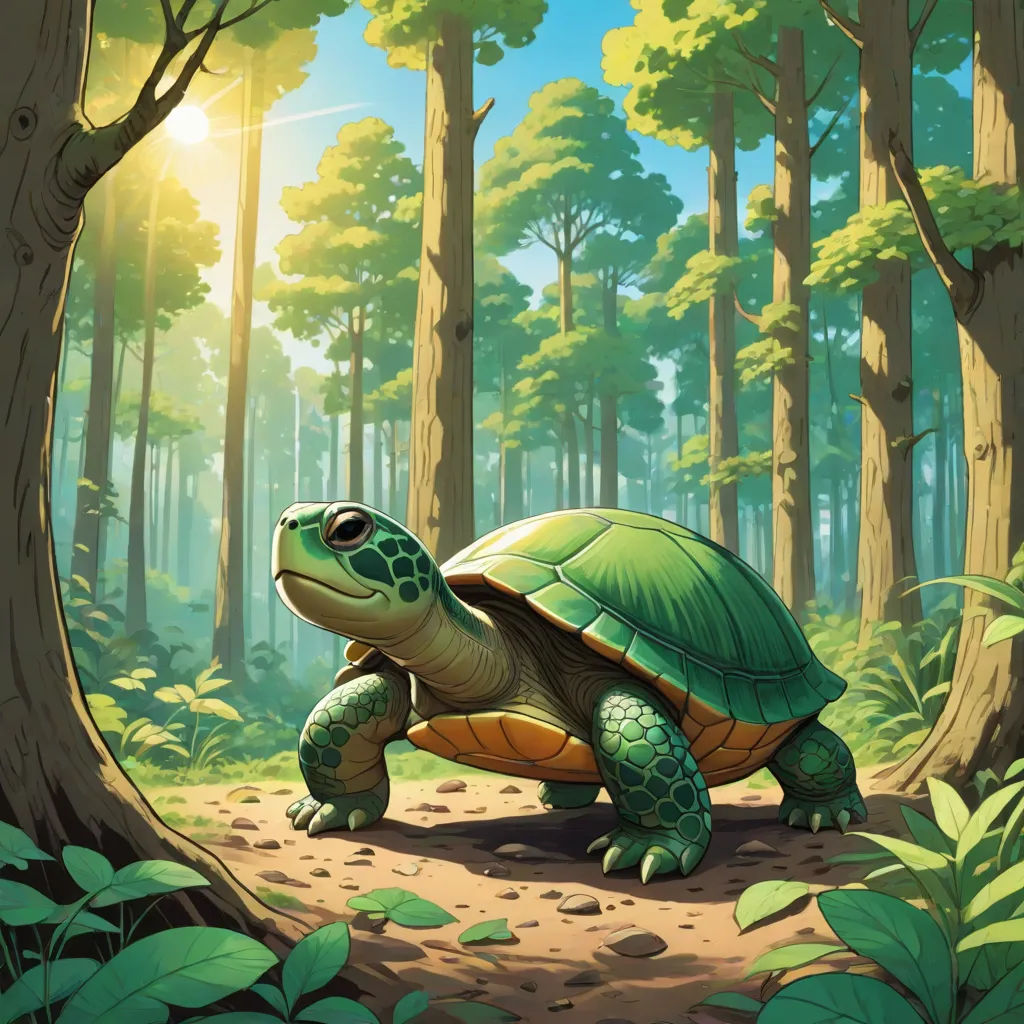 a turtle in the middle of a forest with trees and leaves around it, looking up at the sky, fantasy art, a storybook illustration, Chris LaBrooy, magic the gathering artwork