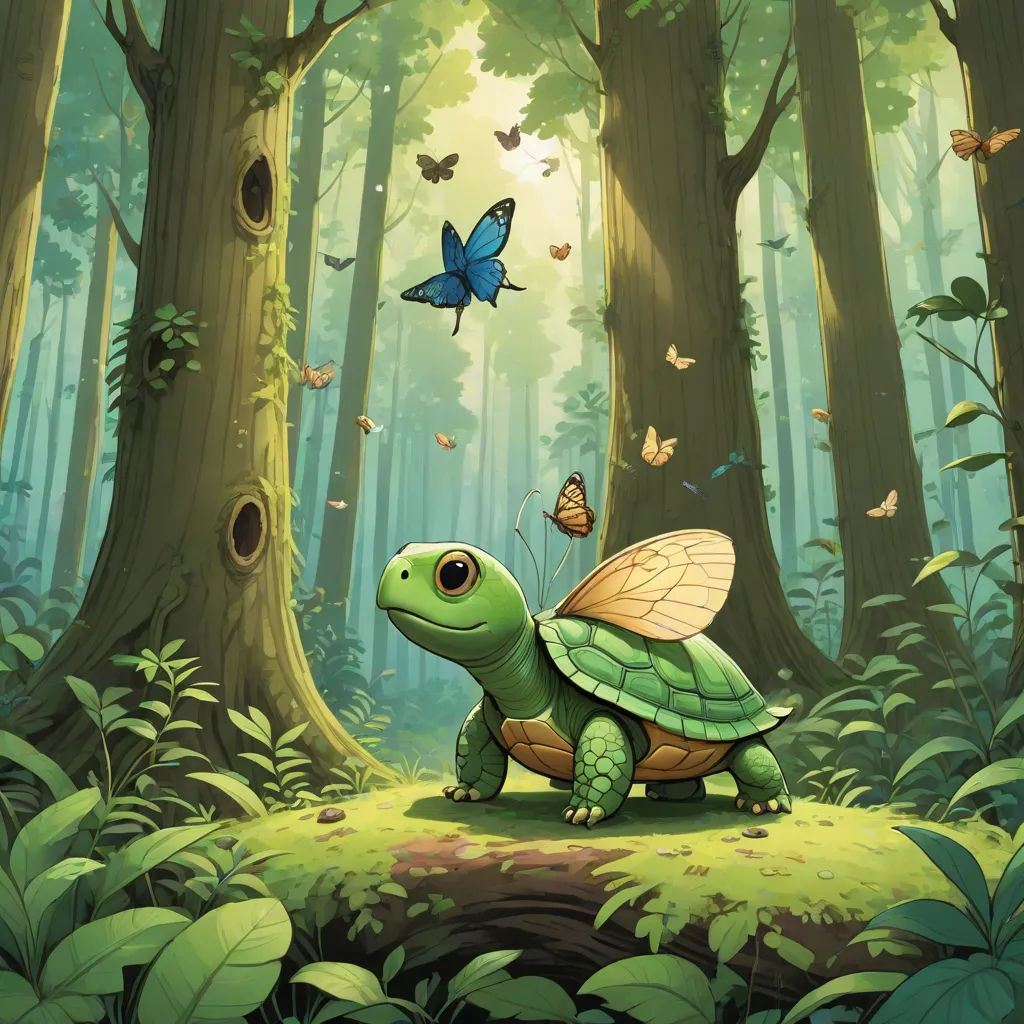 a green turtle in a forest with a butterfly flying over it's head and a blue butterfly on its back, fantasy art, a storybook illustration, Chris LaBrooy, magic the gathering artwork