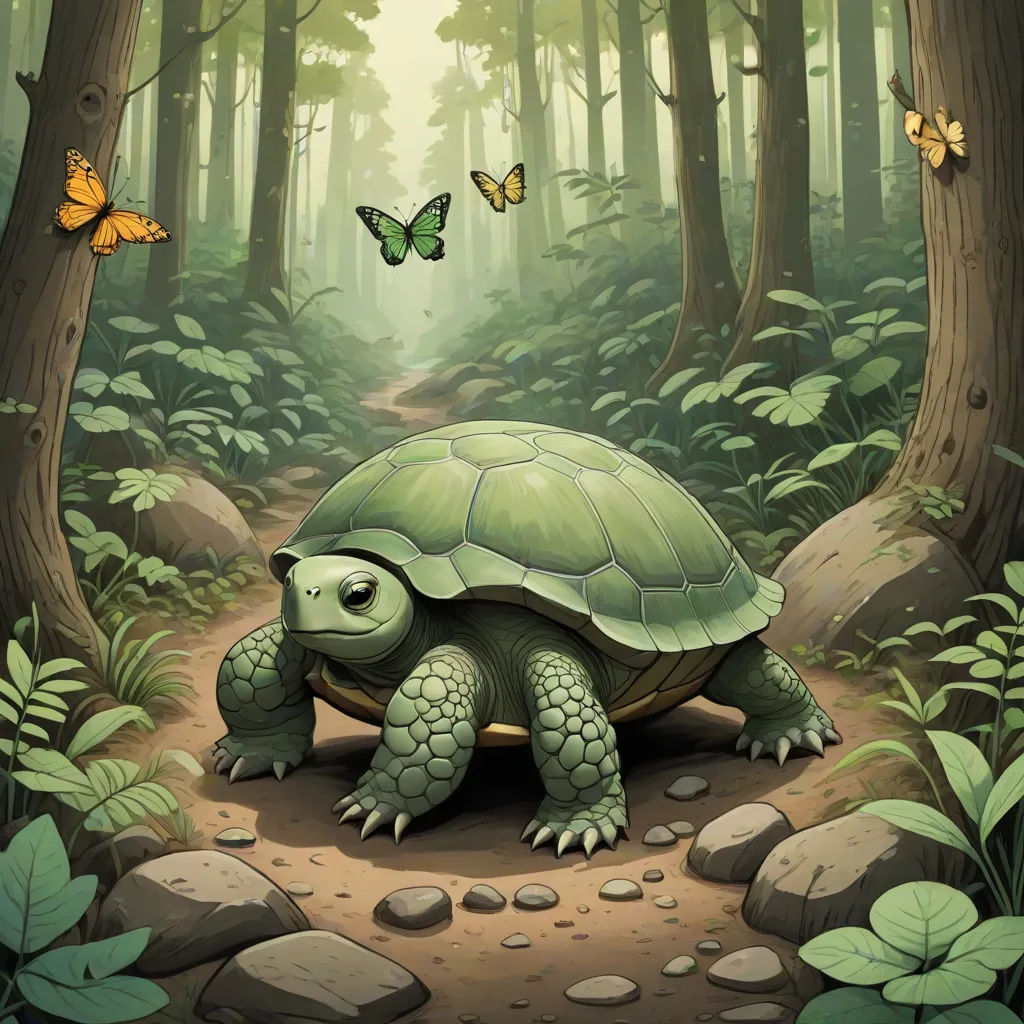a turtle in the middle of a forest with butterflies flying above it and a butterfly flying above it on a path, fantasy art, a storybook illustration, Chris LaBrooy, magic the gathering artwork
