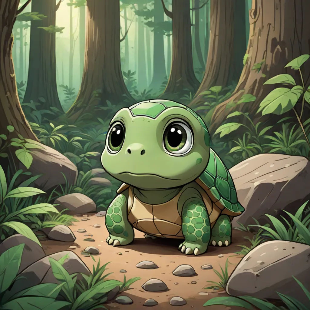 a cartoon turtle sitting on a path in a forest with rocks and trees around it, with a forest background, sots art, a character portrait, Chris LaBrooy, official art