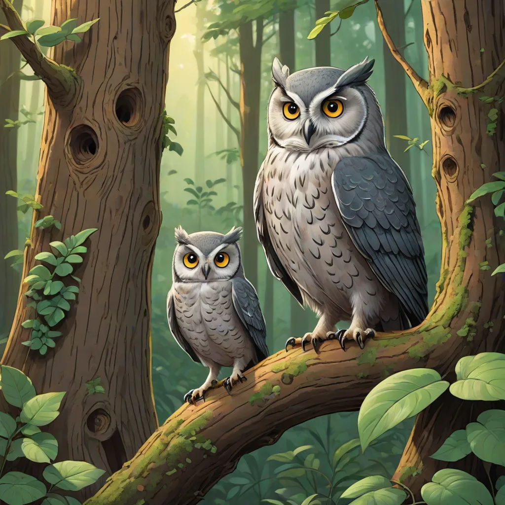 two owls sitting on a tree branch in a forest with green leaves and a sunlit background with a few holes in the tree, fantasy art, a storybook illustration, Chris LaBrooy, magic the gathering artwork