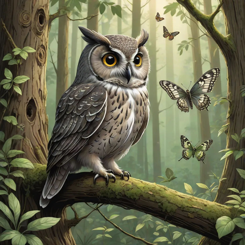 a painting of an owl sitting on a branch in a forest with butterflies flying around it and a sunbeam in the background, fantasy art, a storybook illustration, Chris LaBrooy, storybook illustration