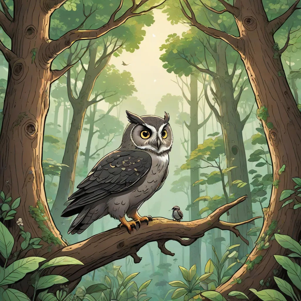 a bird perched on a tree branch in a forest with a bird perched on the branch of a tree, fantasy art, a storybook illustration, Dan Mumford, storybook illustration