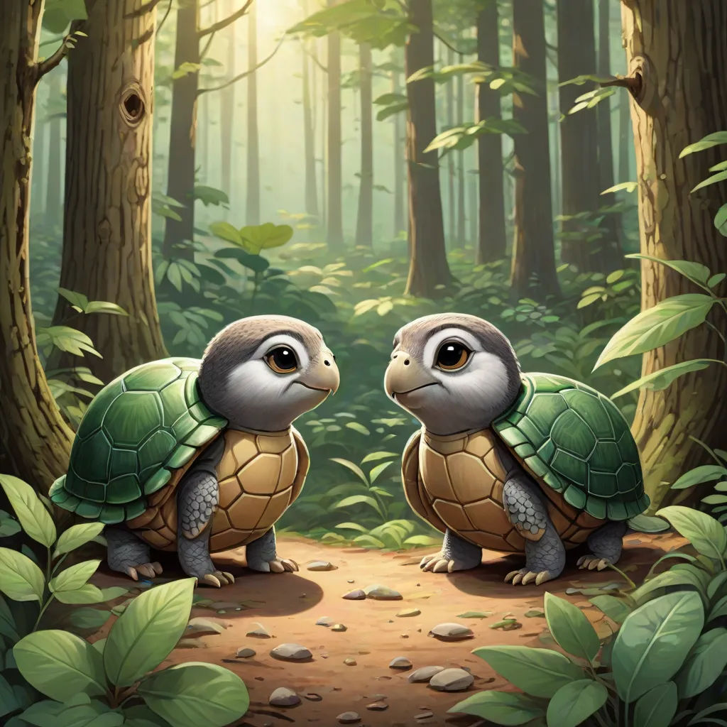 two turtles are sitting on a path in the woods together, facing each other, with the sun shining through the trees, sots art, a storybook illustration, Chris LaBrooy, official art