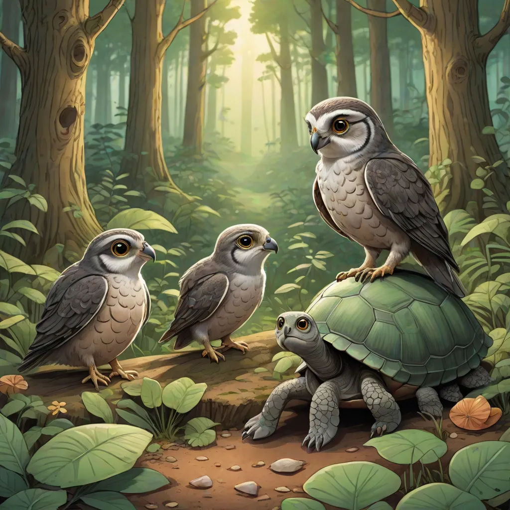a painting of three owls sitting on top of a turtle in a forest with a baby turtle on its back, fantasy art, a storybook illustration, Chris LaBrooy, official art