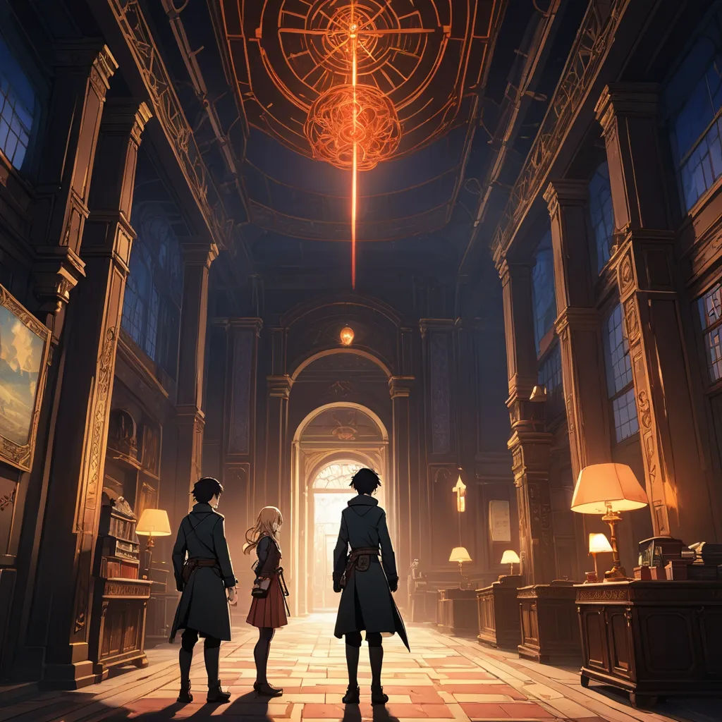 a couple of people standing in a room with a light shining down on them and a clock on the wall, fantasy art, concept art, Cedric Seaut (Keos Masons), official art