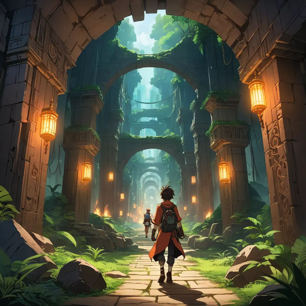 a man walking through a tunnel in a forest with a lantern on his head and a person standing in the doorway, fantasy art, concept art, Andreas Rocha, rossdraws global illumination