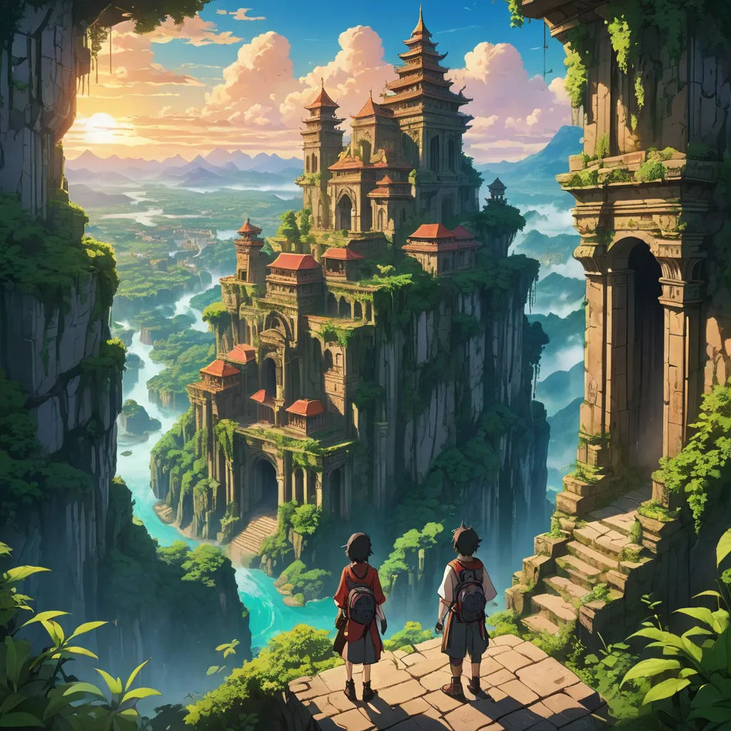 a couple of people standing on top of a cliff next to a river and a castle in the sky, fantasy art, a detailed matte painting, Christophe Vacher, rossdraws global illumination