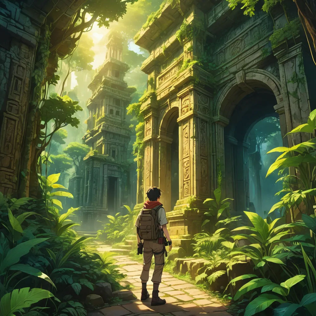 a man standing in a jungle looking at a building with a clock tower on it's side and a forest surrounding him, fantasy art, a detailed matte painting, Cedric Seaut (Keos Masons), rossdraws global illumination