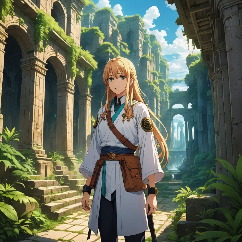 a woman in a white dress standing in a forest with a sword in her hand and a building in the background, fantasy art, concept art, Chizuko Yoshida, official art