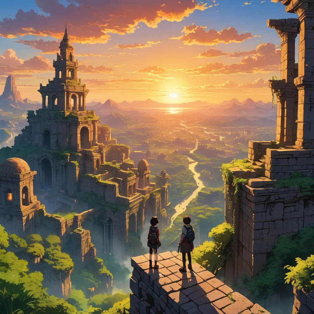 a couple of people standing on top of a cliff next to a river and a castle in the sky, fantasy art, a detailed matte painting, Cliff Childs, anime key visual