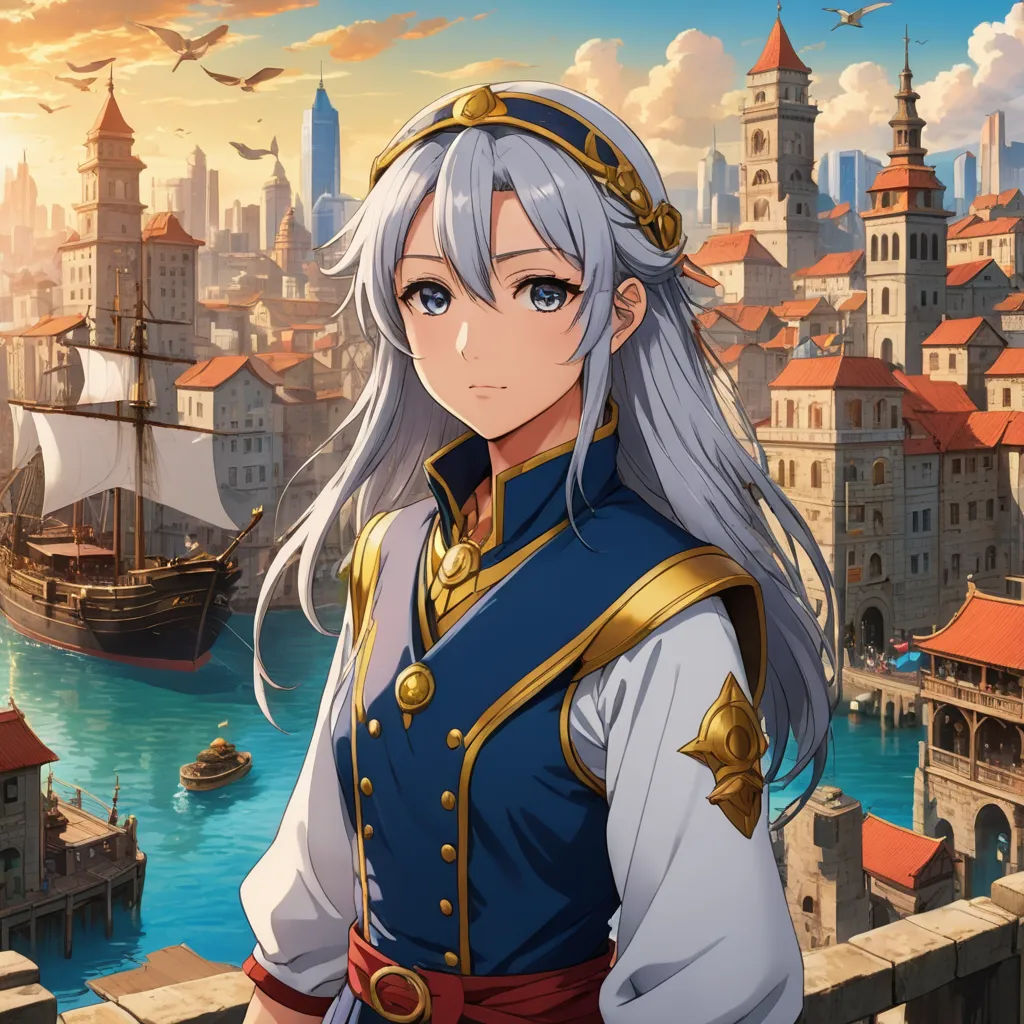 a woman in a blue dress standing in front of a cityscape with a ship in the background, fantasy art, a character portrait, Alvan Fisher, city background