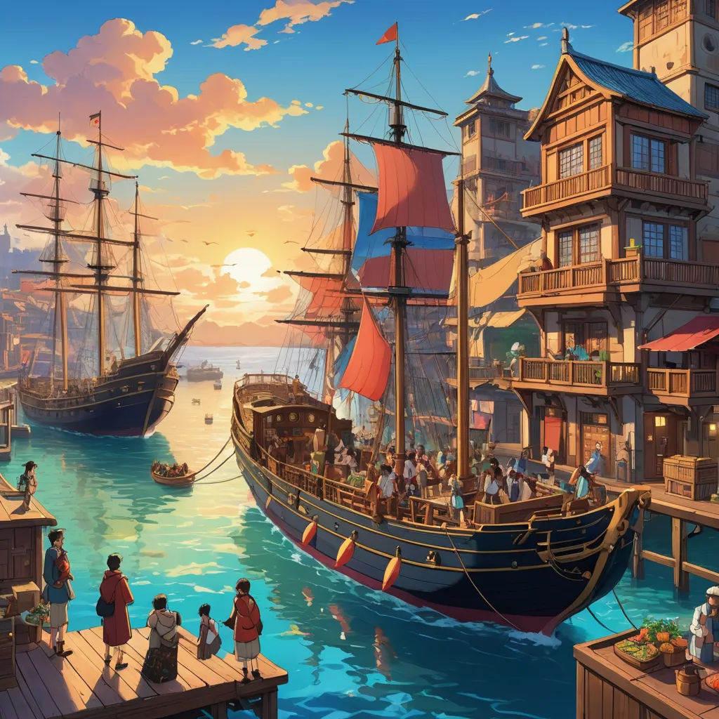 a painting of a harbor with a ship and a boat in the water and people on the dock watching, fantasy art, a detailed matte painting, Evgeny Lushpin, kinkade