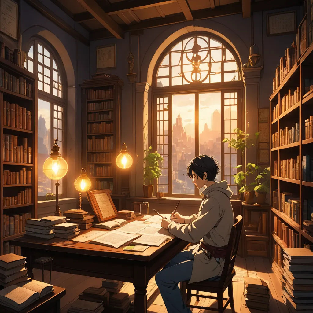 a person sitting at a desk in a library with a bookcase and a lamp on it, reading a book, fantasy art, a detailed matte painting, Evgeny Lushpin, official art