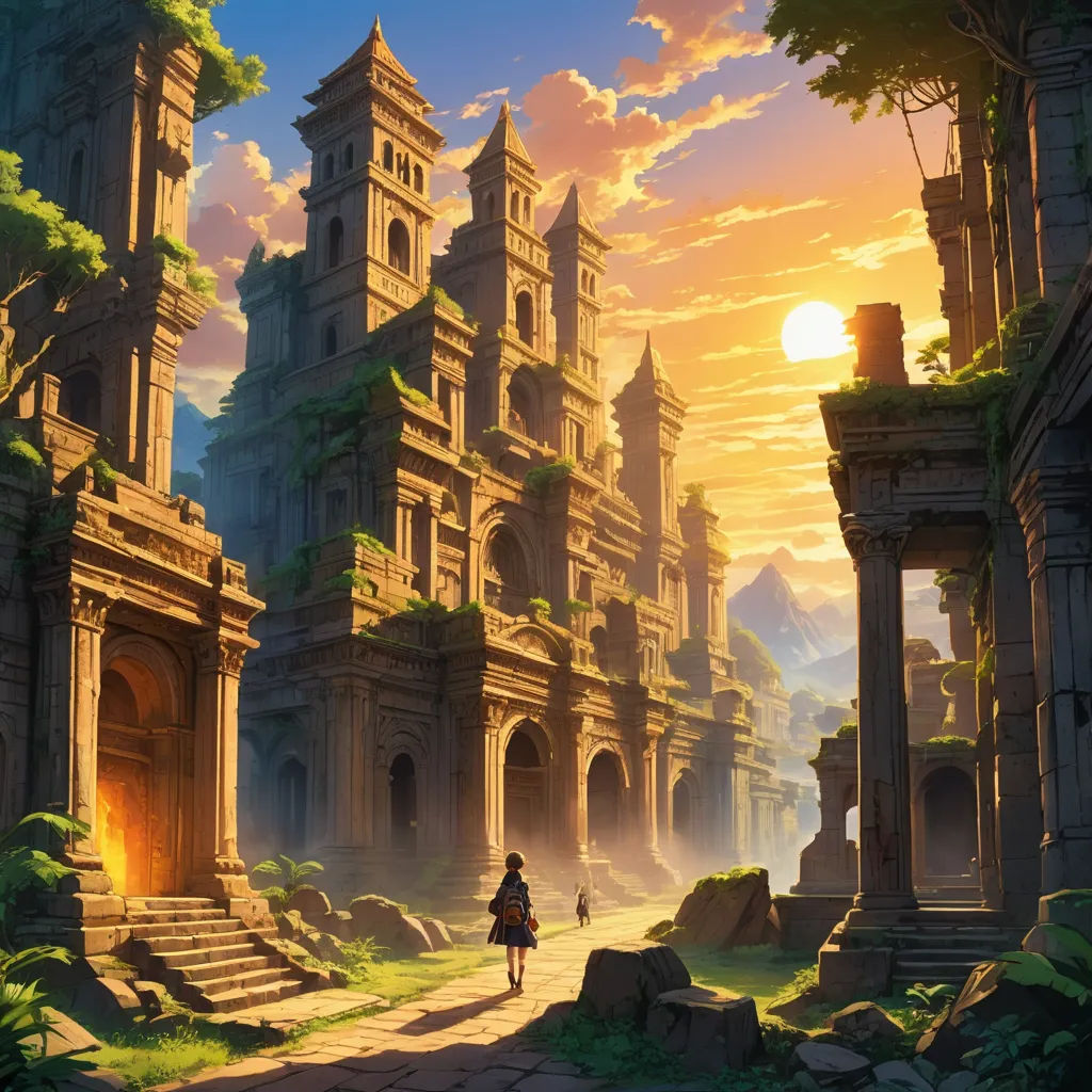 a painting of a woman walking through a fantasy setting with a castle in the background and a sun setting, fantasy art, a detailed matte painting, Christophe Vacher, rossdraws global illumination
