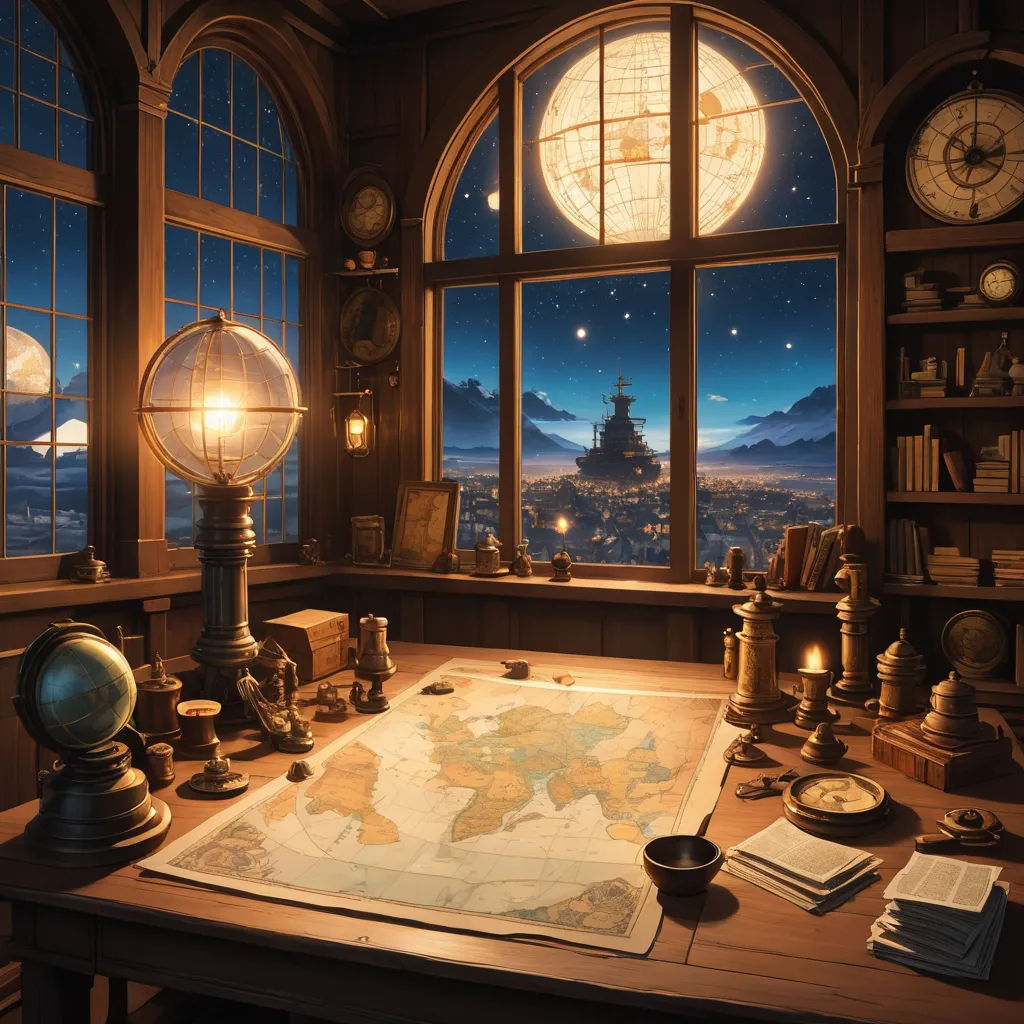 a desk with a map, a globe, a lamp, and a window with a view of the city, fantasy art, a detailed matte painting, Evgeny Lushpin, cinematic matte painting