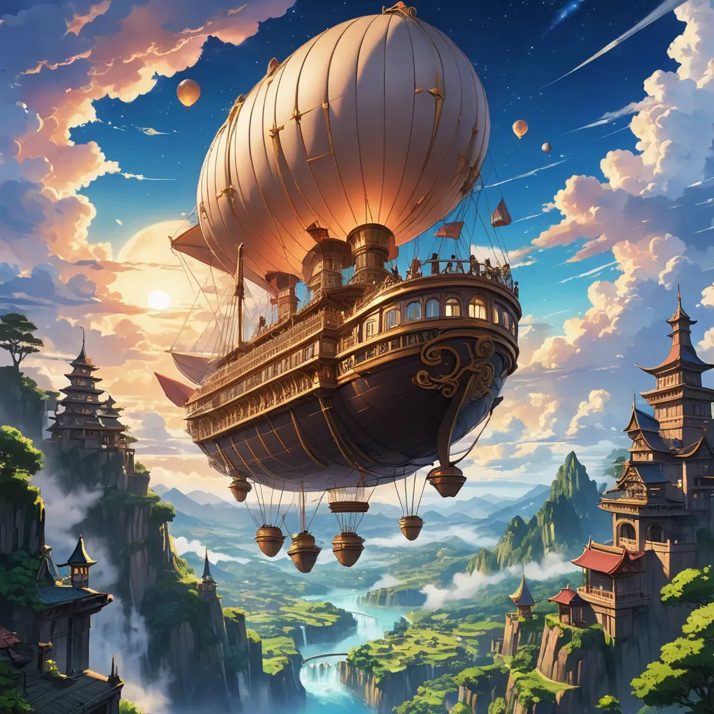 a painting of a floating ship in the sky above a mountain range with a river below it and a castle in the distance, fantasy art, a detailed matte painting, Christophe Vacher, fantasy artwork