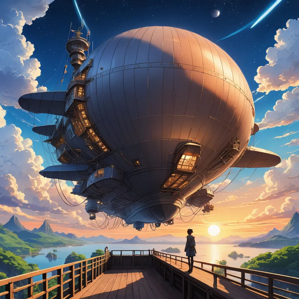 a person standing on a bridge looking at a large object in the sky above them, with a person standing on the bridge looking at the sky, fantasy art, a detailed matte painting, Beeple, rossdraws global illumination
